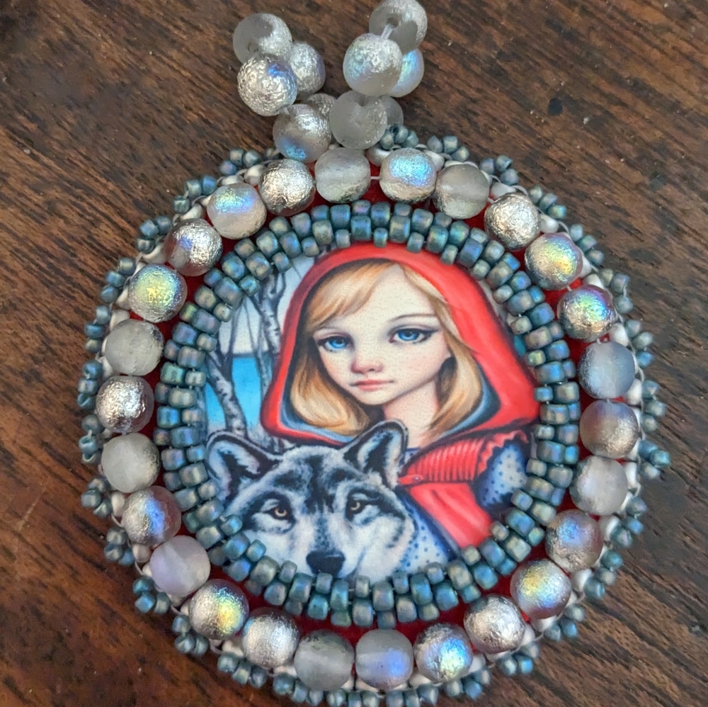 Artisan Jewelry Handmade Pendant Bead Embroidery Little Red Riding Hood